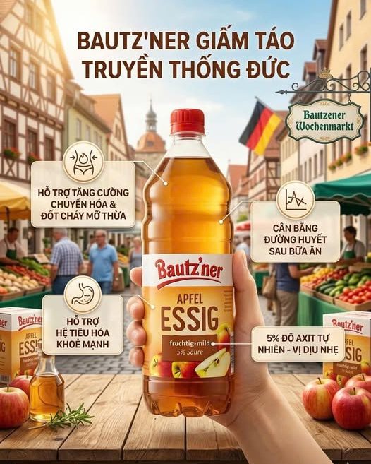 Giấm táo Bautz'ner Apfel Essig Fructting-mild 5% saure-chai 1L - Hình ảnh 2